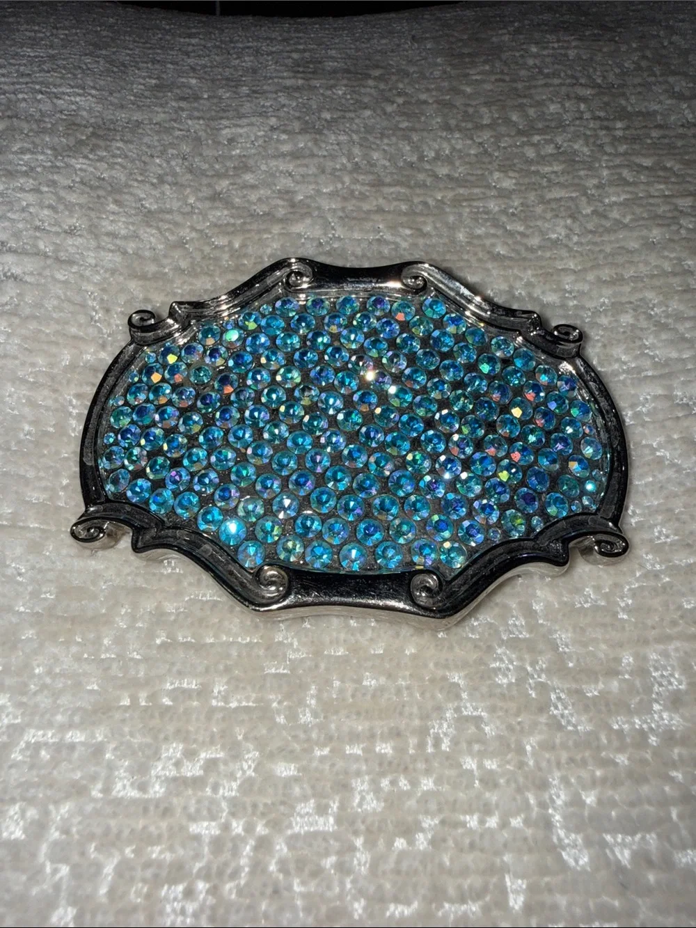 Blue Aurora Borealis Rhinestone Belt Buckle Silver Tone Western Rodeo Cowgirl